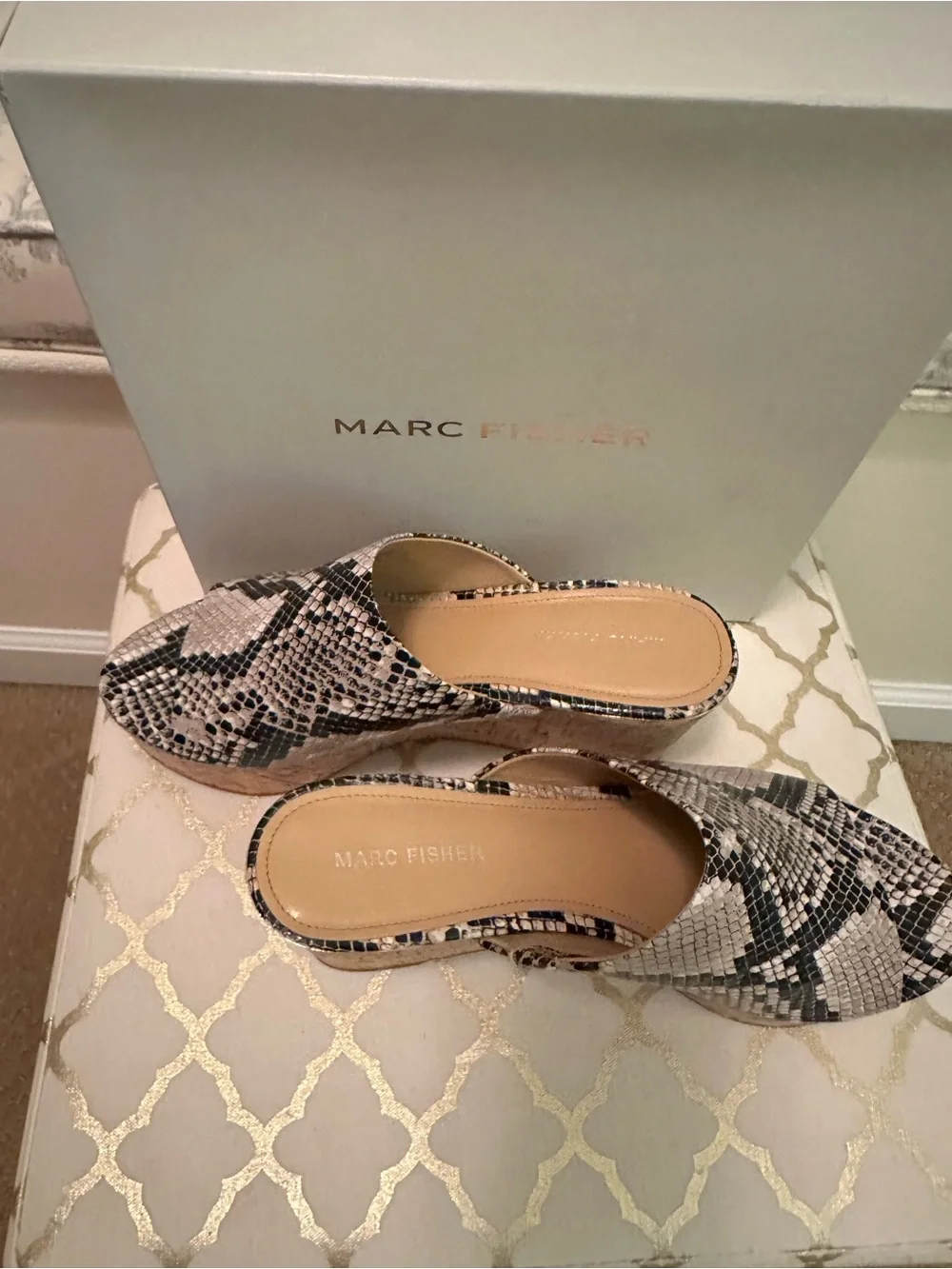 Marc Fisher Snake-Print Cork Platform Mules - Black & Cream